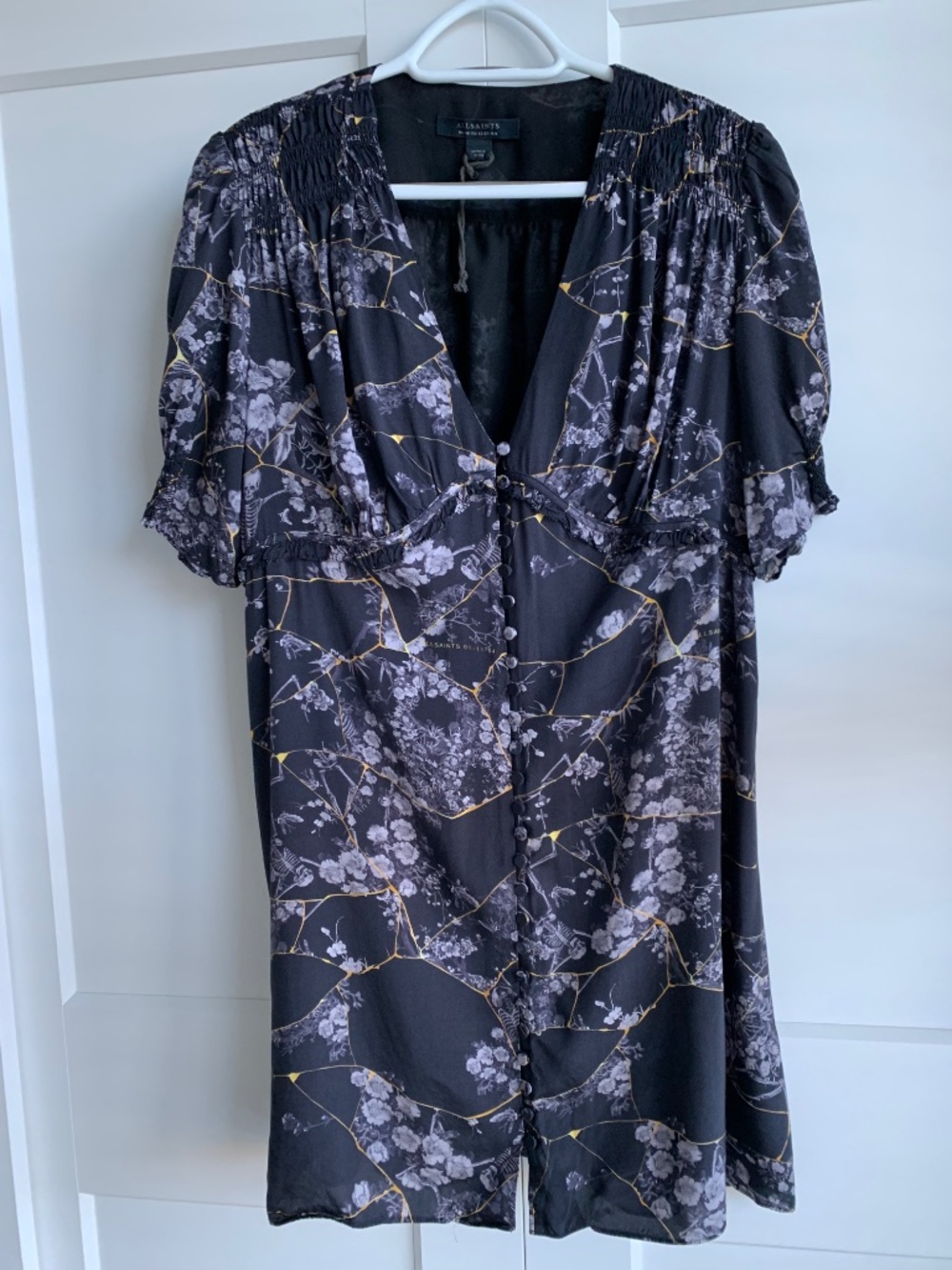 ALLSAINTS Demi Buruberu Mini Dress Size 12 Black Floral Button Front Puff Sleeve